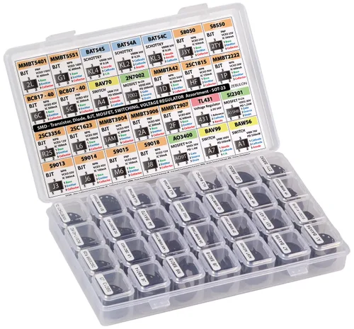 Vista 2 de Surtido de componentes electrónicos SMD SOT-23, transistores, BJT, MOSFET, diodos, Schottky, conmutación, regulador de voltaje, 28 tipos, 1400 piezas