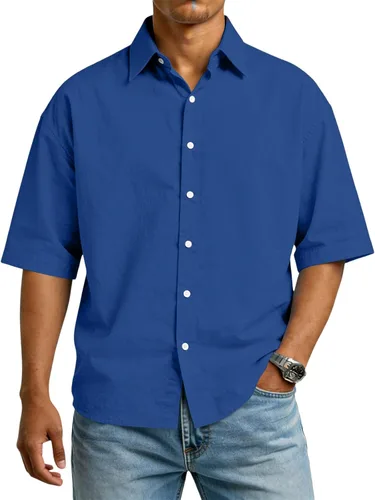 Vista 10 de RTRDE Men's Button Down Shirts Short Sleeve Solid Color Summer Business Casual Dress Shirt, S-3XL