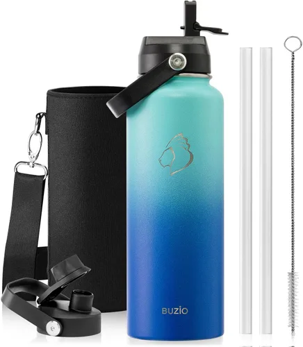 Vista 9 de BUZIO Botella de agua aislada de 24 oz, frasco de agua de boca ancha de acero inoxidable con tapa de pajita, frío durante 48 horas a prueba de Negro