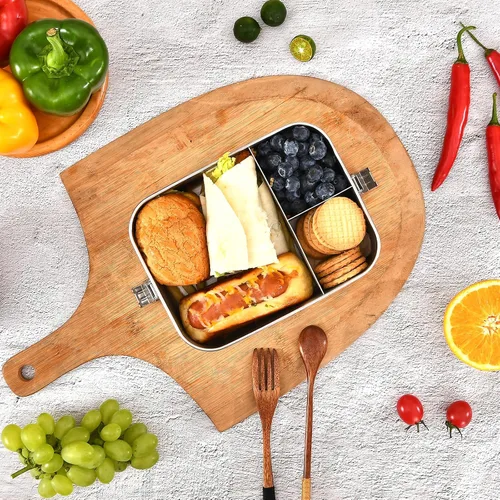 Vista 5 de UPTRUST Fiambrera Bento de acero inoxidable, 3 compartimentos, caja Bento de metal grande de 47.3 fl oz para niños o adultos, contenedor con clips