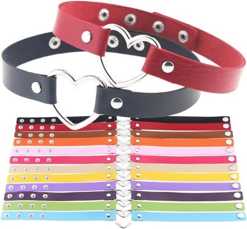 Vista 7 de FM FM42 Collar de gargantilla de cuero simulado con anillo de corazón de cuero sintético multicolor 17.72 pulgadas de longitud