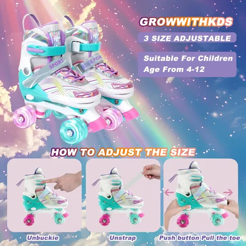 Vista 5 de Adjustable Kids Roller Skates for Girls and Boys Ages 3-5 5-8 8-12, All 8 Wheels of Girl's Skates Shine, Safe and Fun Illuminating for Outdoor
