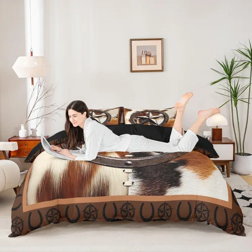 Vista 3 de Juego de ropa de cama de piel de vaca para niños y niñas, funda de edredón con estampado de estrellas de piel de vaca occidental, funda de edredón