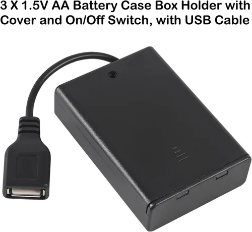 Vista 4 de 4 soportes para 3 pilas AA, 3 pilas AA 4.5-5V con cubierta e interruptor de encendido/apagado, cable USB