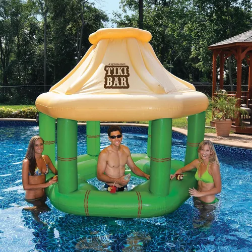 Vista 3 de 7.5' crema y verde tropical piscina inflable flotante Tiki Bar