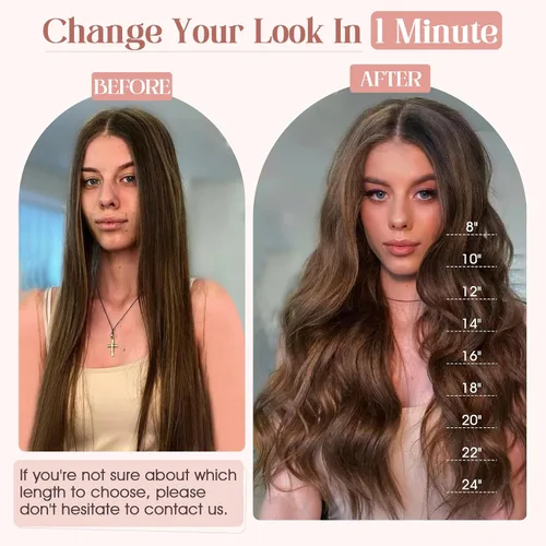 Vista 2 de Extensiones de cabello con clip, cabello humano Remy, extensiones de cabello largo lacio de una pieza con 5 clips, con gancho para colgar