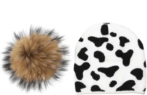 Vista 3 de Joylife Gorro de invierno con pompones de piel y diseño de calavera de punto unisex de doble capa