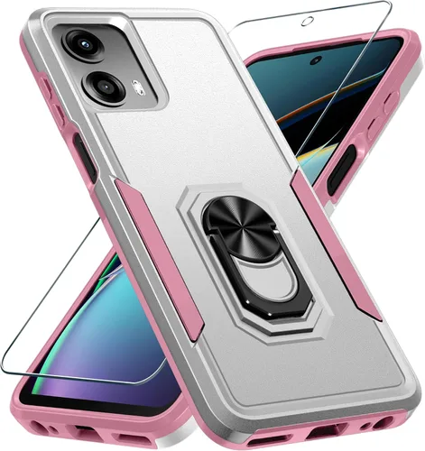 Vista 27 de Funda diseñada para Motorola Moto G 5G 2024 con soporte de anillo de metal integrado Protector de pantalla de vidrio templado, funda resistente