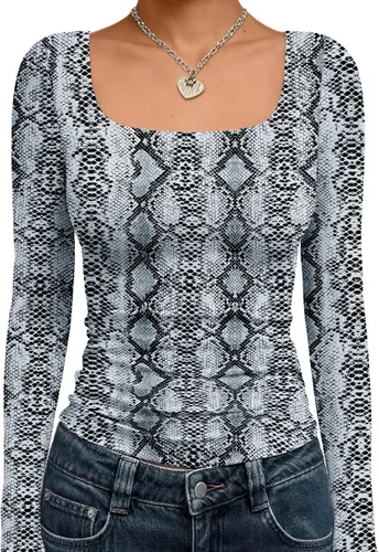 Vista 32 de Trendy Queen - Camisas ombligueras para mujer, manga larga, cuello cuadrado, básicas, para salir, de invierno, Y2K Albaricoque