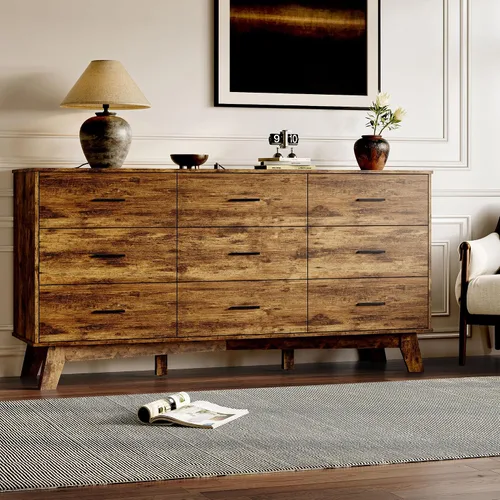 Vista 7 de BORNOON Cómoda para dormitorio con 9 cajones, cómoda moderna de 59 pulgadas de ancho con manijas de metal, base en forma de X y pata central