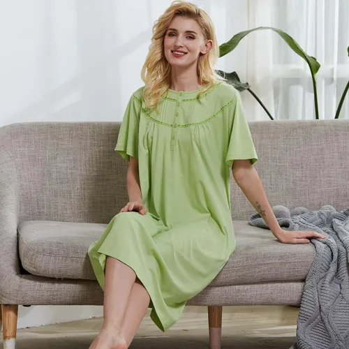 Vista 4 de Keyocean - Camisón de algodón para mujer, suave, cómodo, ligero, manga corta, vestido de casa, ropa de dormir, ropa de sala para verano.