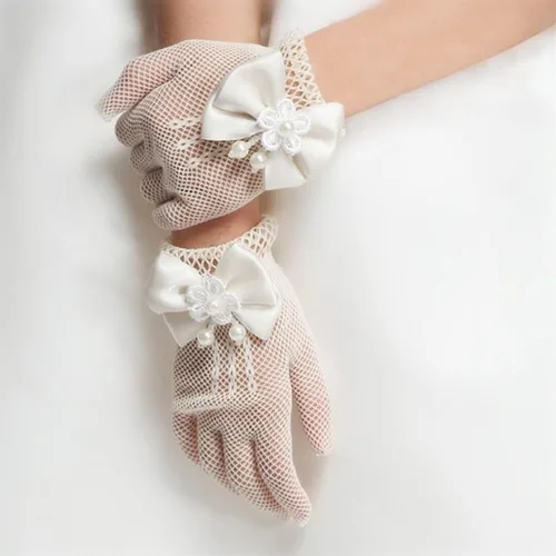 Vista 5 de DreamHigh Manoplas de boda para niñas con diseño de perlas, corbatín de pez, color blanco, Blanco