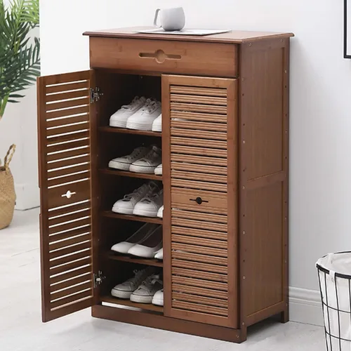 Vista 3 de Gdrasuya10 Gabinete de bambú para zapatos de 2 puertas, organizador de zapatos para entrada, armario de almacenamiento de zapatos de 5 niveles