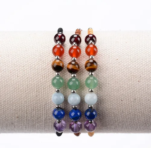 Vista 3 de Cherry Tree Collection - Pulsera de chakra con gemas naturales, cordón de nailon de tamaño ajustable, cuentas de 6 mm, espaciadores plateados, de 13