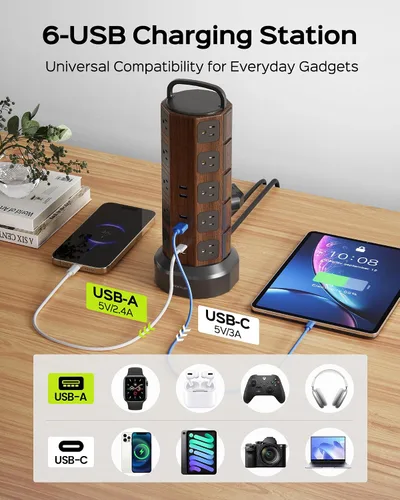Vista 5 de Protector contra sobretensiones de torre de regleta de alimentación, 20 CA 6 USB (2 USB C), 1050J, 6.5 pies Extension Cord with Multiple Outlets
