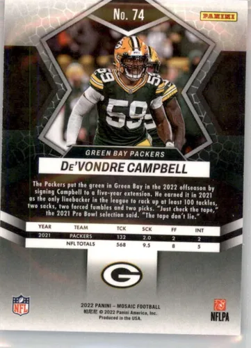 Vista 2 de 2022 PANINI MOSAIC #74 DE'VONDRE CAMPBELL GREEN BAY PACKERS FOOTBALL OFFICIAL TRADING CARD OF THE NFL