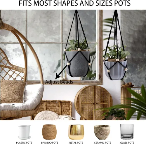 Vista 7 de Artilady Maceta Colgante Negra para Plantas de Interior Colgador de Plantas de Macramé Soporte Colgante Grande para Plantas con Cuentas Ajustables