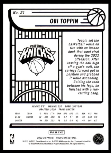 Vista 2 de 2022-23 Hoops #21 Obi Toppin New York Knicks NBA Basketball Trading Card
