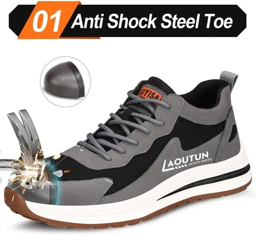 Vista 2 de LAoutun Zapatos de punta de acero para hombres y mujeres, zapatos de trabajo de seguridad indestructibles, ligeros, con puntera de acero