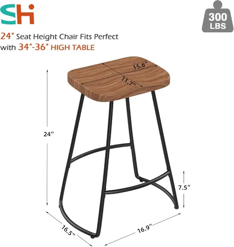 Vista 2 de Juego de 4 taburetes de bar industriales de metal negro con parte superior de madera, 24 pulgadas