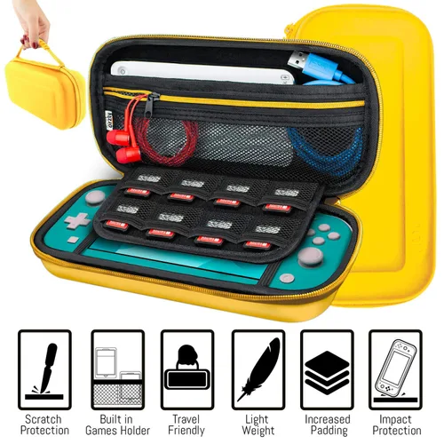 Vista 4 de Orzly Switch Lite Accessories Bundle - Funda y protector de pantalla para consola Nintendo Switch Lite, cable USB, soporte para juegos, funda