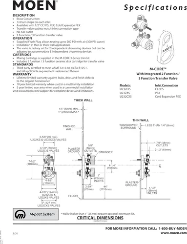 Vista 3 de Moen M-CORE Válvula mezcladora con válvula de transferencia integrada de 2 o 3 funciones con anillo de crimpado PEX conexiones y topes, U232XS