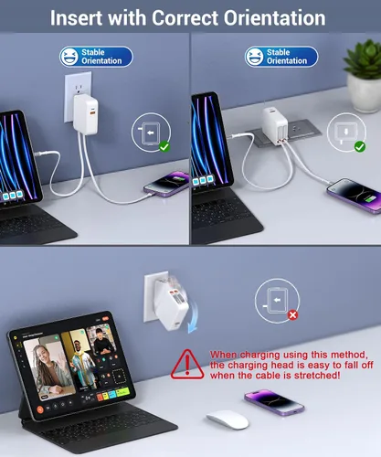 Vista 6 de Cargador USB C retráctil de pared con cables tipo C, carga rápida de 65 W, multipuerto de ladrillo esencial de viaje para Mac Book Pro/Air, iPhone
