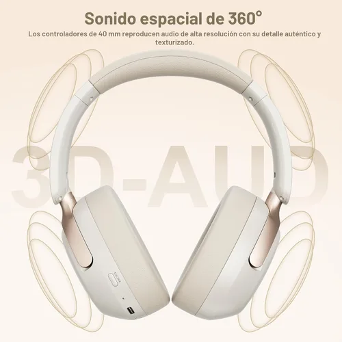 Vista 6 de LORELEI QC30 Auriculares híbridos con cancelación activa de ruido, Bluetooth inalámbrico sobre la oreja, piel proteica beige, control activo