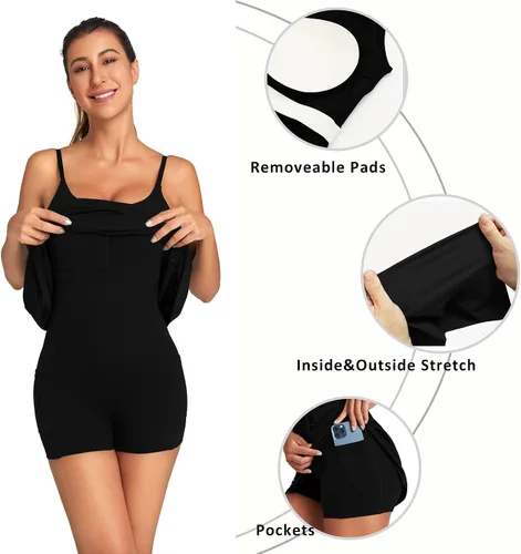 Vista 3 de OVRUNS Vestido de tenis para mujer con brasier y pantalones cortos integrados, vestido atlético con bolsillos, vestido de golf para entrenamiento