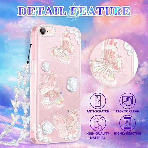 Vista 4 de Funda 3 en 1 para iPhone SE/7/8: diseño de mariposa 3D, purpurina, brillante, cristal, estilo lindo femenino, cadena y protector de pantalla