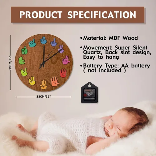 Vista 6 de ArogGeld ASL - Reloj de pared de grano de madera de 15 pulgadas, con gestos, funciona con pilas, sin tictac, reloj de madera vintage de granja