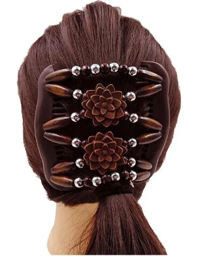 Vista 6 de Peines mágicos para el cabello para mujer, con cuentas de madera, elásticos, de doble cara, accesorios para el cabello, paquete de 5