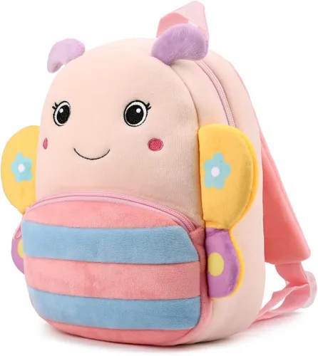 Vista 5 de Mochila pequeña para niños y niñas, linda mochila pequeña de dibujos animados de animales de felpa suave para niños de 2 a 6 años, Mariposa-h Rosa