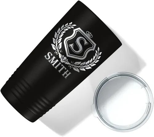 Vista 3 de Vaso personalizado de regalo de cumpleaños para mujeres y hombres, con monograma de escritura dividida, inicial y nombre grabado en negro, taza