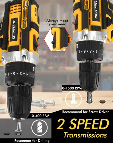 Vista 7 de Taladro Atornillador Inalámbrico de 48V - Torque 25+3, Motor sin Escobillas, Taladro Eléctrico de 1500RPM con 2 Baterías, Luz LED, Juego Completo