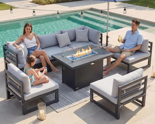 Vista 44 de BULEXYARD - Sofá modular de aluminio para exteriores con mesa para fogata, 7 piezas, color verde azulado