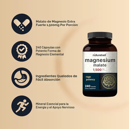 Vista 5 de Malato de magnesio 1500 mg por porción, 240 cápsulas, quelado para una alta absorción, suplemento mineral para la energía y sistema nervioso, sin