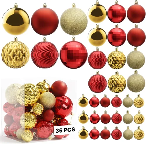Vista 2 de Christmas Tree Ornaments - 36 PCS Shatterproof Christmas Ball Ornaments Set for Holiday, Wreath & Party Decorations (Multi-Size, Red, Gold)