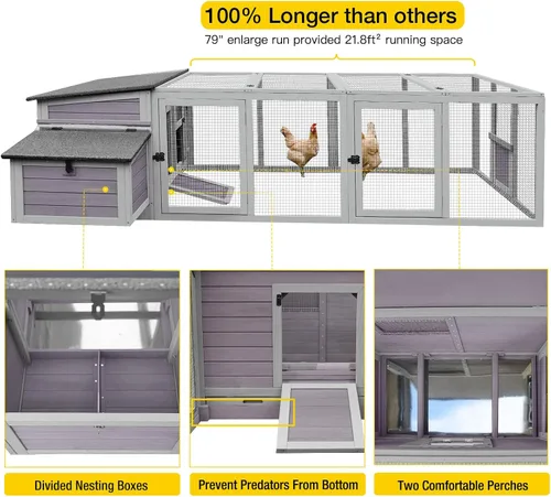 Vista 4 de Aivituvin Gallinero para 4-6 pollos/patos, gallinero de madera para exteriores, jaula grande para gallineros con dos cajas anidables (gris, AIR45)