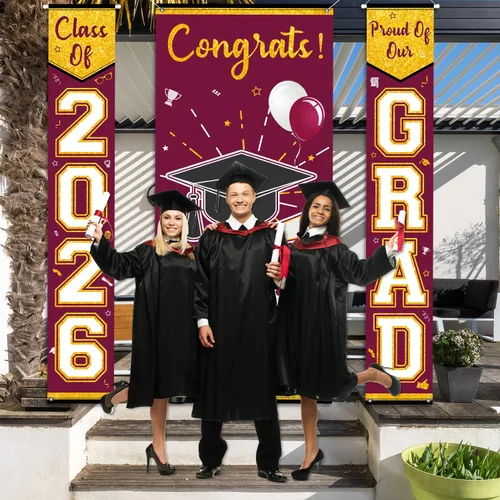 Vista 6 de Letrero de graduación granate y dorado para porche, decoración de graduación de Calss of 2026, 3 unidades, pancarta de graduación Cartel