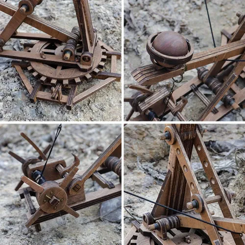 Vista 3 de Ballesta ajustable Siege Ancient Chariot Catapult Machinery Stone-Thrower Slingshot 3D DIY Rompecabezas de madera de mesa Kits de modelo de juego