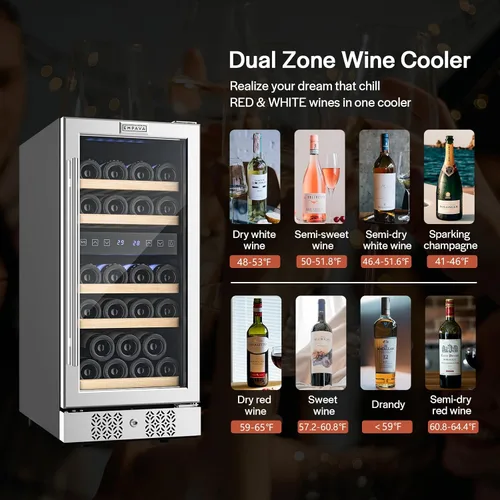 Vista 2 de Empava Enfriador de vino de 15 pulgadas debajo del mostrador, refrigerador de vino de 29 botellas de doble zona, enfriador de vino pequeño