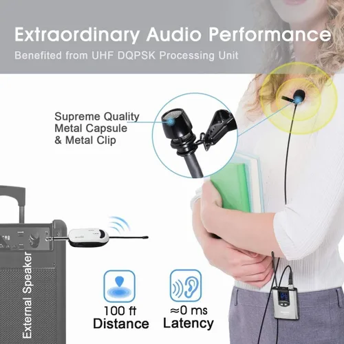 Vista 9 de Alvoxcon Sistema de Micrófono Inalámbrico de Diadema Lavalier Sistema de Micrófono Inalámbrico de Solapa Ideal para iPhone, Cámara DSLR, Altavoz PA