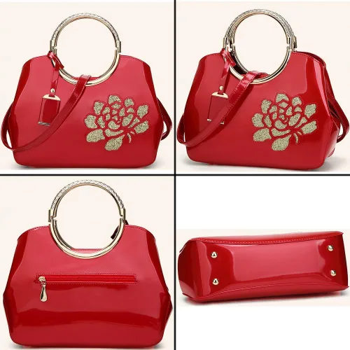 Vista 6 de ZiMing Bolso de mano de charol brillante para mujer, bolso de mano floral con asa superior, bolso de noche, bolso cruzado de hombro