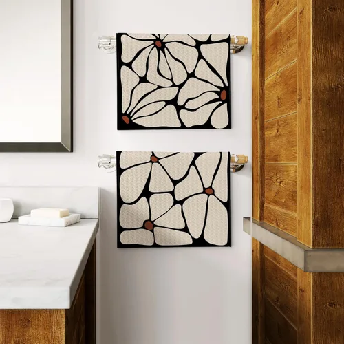 Vista 6 de Juego de 2 toallas de cocina retro boho floral, toallas de mano beige y negro para baño, toallas de cocina botánicas, decoración de cocina