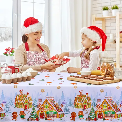 Vista 5 de Tiamon - Mantel de Navidad de jengibre de 52 x 70 pulgadas, mantel reutilizable de hombre de jengibre, mantel de árbol de Navidad de poliéster