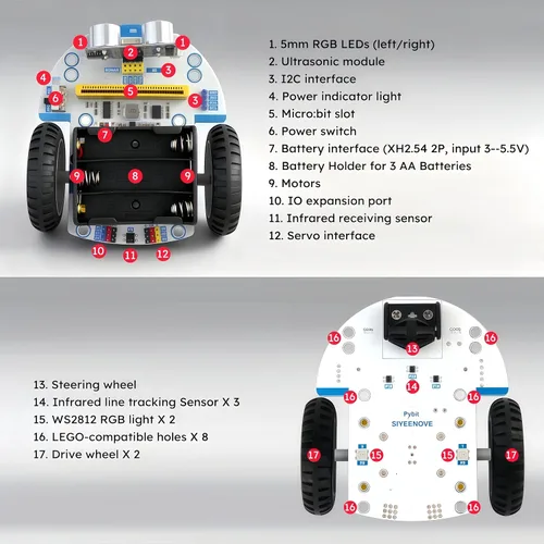 Vista 2 de Coche inteligente Micro:bit con tutorial detallado de programación gráfica y microPython de MakeCode, seguimiento de línea IR y módulos de luz RGB