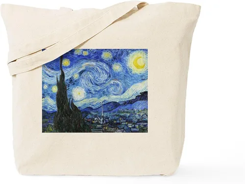 Vista 16 de CafePress The Starry Night by Vincent Van Gogh - Bolsa de lona reutilizable de lona beige, Caqui, S