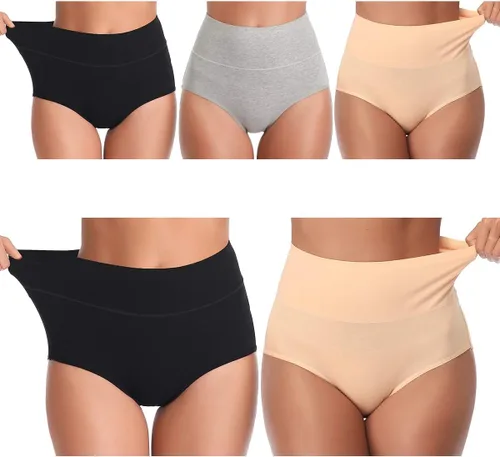 Vista 8 de UMMISS - Ropa interior de algodón de cintura alta para mujer, cobertura completa, suave, cómoda, multipack de braguitas Negro-gris-total
