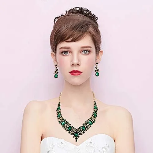 Vista 2 de BriLove Elegante conjunto de collar y aretes colgantes de lágrima de cristal para mujer
